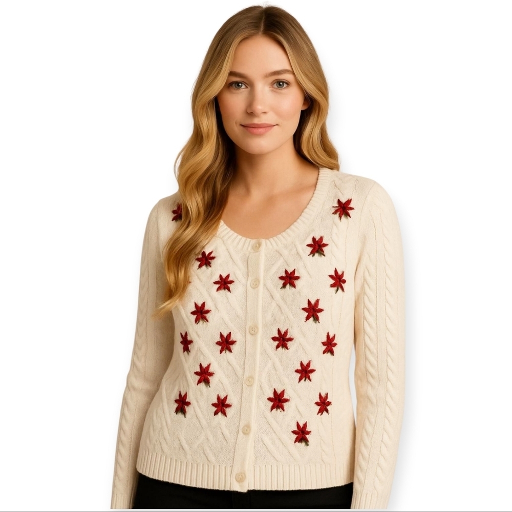 Freeway Vintage White Floral Embroidered Cardigan Cozy Spring Office Knit L